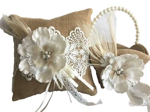 Burlap and Lace Flower Basket and Ring Pillow Set - Picture 1 of 8