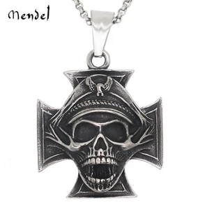 MENDEL Mens WW2 Officer Skull Iron Cross Pendant Necklace Chain Stainless Steel - Picture 1 of 6
