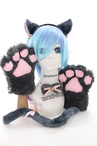C-20 grau Katzen Pfoten Handschuhe Schwanz Halsband Ohren Maid Lolita Cosplay - Bild 1 von 5