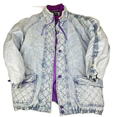 Jaqueta jeans feminina vintage 1980's Weathered Blues 22W forrada lavada com ácido - Imagem 1 de 4
