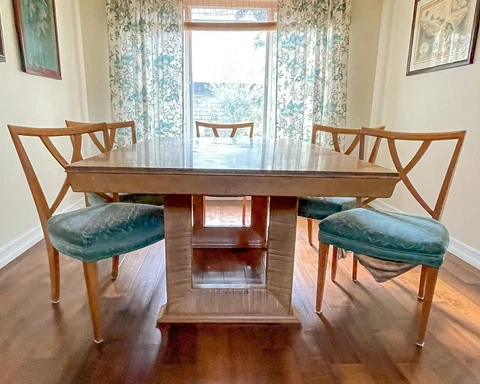 RARE VTG Paul Frankl MCM Dining Set, Table/5 Chairs/2 Extensions Brown Saltman Cover