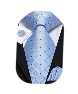 Silk Ties for Men Plaid Paisley Striped Necktie Pocket Square Blue Plaid - Picture 1 of 8