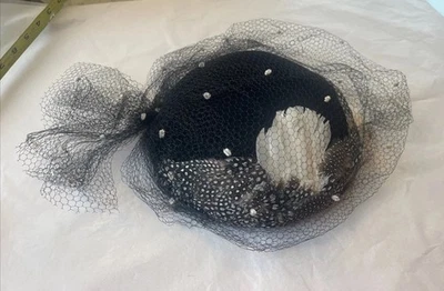 Marzi Firenze Black Felt~Feathers/Veil Pillbox Fascinator Hat Italy EUC - Image 1 of 4