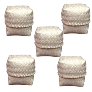Set 5 cesti in bambù di riso adesivo tailandese - contenitori con coperchio intrecciati fatti a mano - Foto 1 di 9