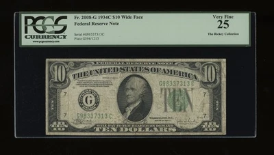 DBR 1934-C $10 FRN Wide Chicago Fr. 2008-Gw PCGS 25 Serial G98337313C - Image 1 of 2