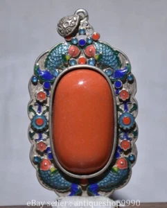 3.2" Old Tibetan Silver Cloisonne Inlaid Orange Gemstone Amulet Pendant - Picture 1 of 6
