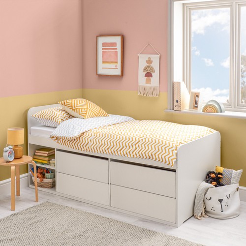 Single Wooden Bed Frame Cabin Bed with Storage 4 Drawers 2 Shelves Raised Bed