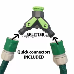 Garden Tap Flow Splitter 2 Way Hose Pipe Adapter Connector & 2 Quick Connectors - Picture 1 of 4