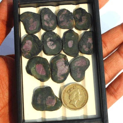 12 Pcs Natural Watermelon Ruby Untreated 19mm-24mm Rough Slice Loose Gemstones - Image 1 of 4