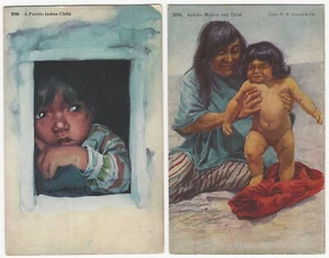 Dos postales temáticas nativas americanas vintage de madres e hijos apaches de Pueblo y apaches - Imagen 1 de 2
