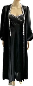 NWT Intimates By Flora 2 Pcs Satin Nightgown & Robe Set Black Purple Floral /cb - Picture 1 of 11