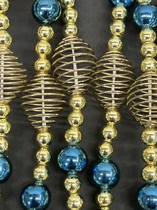 Vintage Christmas Bead Garland Blue Gold Metal 9 Ft Holiday Tree Home Decor NOS - Picture 1 of 10