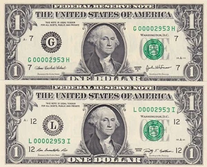 United States Of America, 1 Dollar (2), UNC, (Matching Pair Serial Number) - Picture 1 of 2