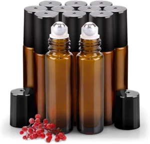 12 Pack Essential Oil Roller Bottles Stainless Steel, 10Ml Amber Glass Roller Bo - Picture 1 of 11