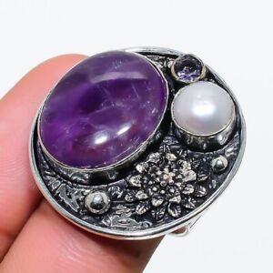 Sage Amethyst, Pearl Ethnic 925 Sterling Silver Jewelry Ring Size 6.5 G917