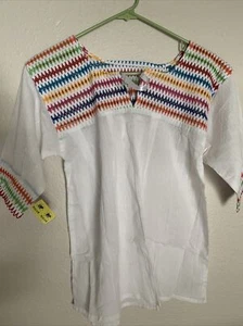 Mexican Peasant Blouse Hand Embroidered Top Colors Vintage Style Tunic white - Picture 1 of 14