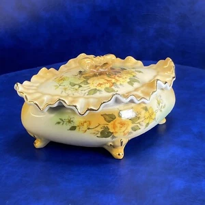 Vtg Porcelain Wavy Edge Ornate Covered Footed Candy Dish Flowers Flor De Lis - Picture 1 of 22