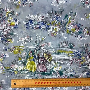 Vintage 1950s Sheer Polyester Fabric | Romantic Painted Scenic Print | Deadstock - Photo 1 sur 14