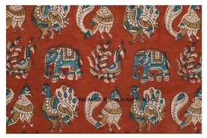 Kalamkari Hand Block Print Elephant Cotton Craft Sewing Running Fabric 3 Yard - Picture 1 of 3