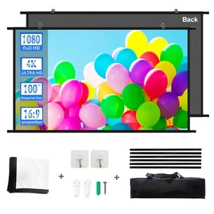 Projection Screen Black Backing 16: 9 Hanging Projector Screen 100" Indoor Mo... - Picture 1 of 6