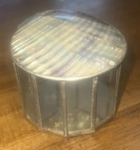 Vintage Abalone Muschel Deckel Schmuck Schmuckkästchen Alpaka Mexiko aufklappbare Glasscheibe - Bild 1 von 12
