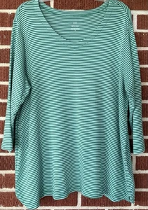 J. Jill Pima Green and White Striped V-Neck Tee 3/4 Sleeves Size XL - Picture 1 of 4