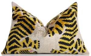 Golden Tiger Silk Velvet Lumbar Pillow – 16x24 Handmade Designer Cushion - Picture 1 of 8