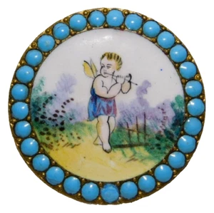 Querubín grande antiguo esmalte policromado del siglo XIX con borde incrustado BONITO - Imagen 1 de 5