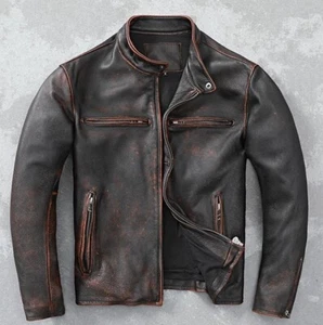 Men’s Motorcycle Biker Vintage Cafe Racer Distressed Black Real Leather Jacket - Picture 1 of 3