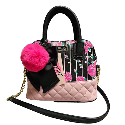 Luv Betsey Johnson Satchel Crossbody Pink Black Rose Quilted Bag 7.5"x9" NWT - Image 1 of 4