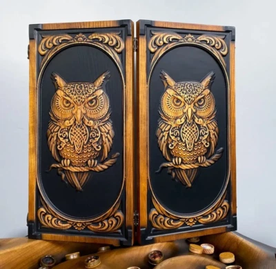 LUJO Juego de BACKGAMMON de Madera Juego Artesanal Nuevo Tablero 48cm (19"), Tallado, Búho Foto 1 de 4