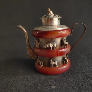 14cm China Tibet -silver inlay redjade gem Teapot Kettle Old Brass animal Teapot - Picture 1 of 6