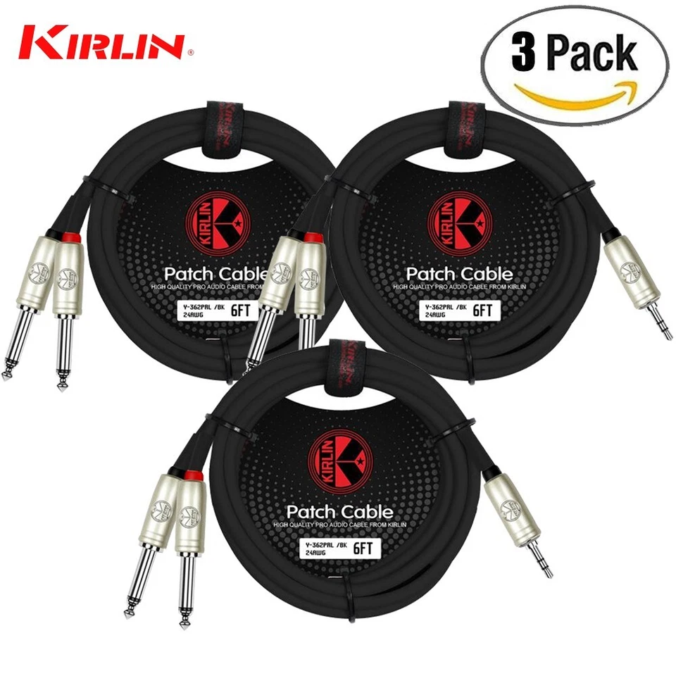PACK de 3 cables Kirlin 6 pies 3,5 mm TRS a doble 1/4" mono sin ruido Y-362 PRL-06/BK Foto 1 de 1