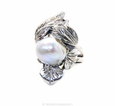 ANELLO DONNA ARGENTO 925 PERLA SCARAMAZZA VERA BAROCCA NATURALE FOGLIE MISURA 16 - Immagine 1 di 4