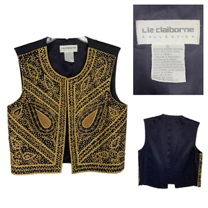 Vintage 1980's Liz Claiborne Sz 6 Silk Gold Beaded Sequins Special Occasion Vest - Picture 1 of 6