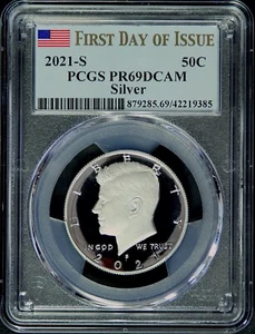 2021 S Silber Kennedy Half Dollar PCGS PR69 DCAM First Day Issue Flag Label 50C - Bild 1 von 2