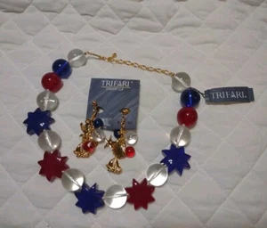 trifari jewelry set chunky necklace clip earrings nautical red blue Patriotic - Picture 1 of 8