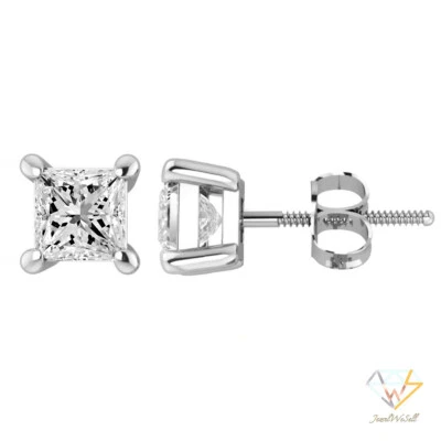 Lab-Created Diamond Princess Stud Earrings 14k White or Yellow Gold Screw Back - Image 1 of 2