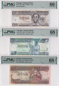 Ethiopia Set 3; 1 5 10 Birr 2009/2017 P 46 47 48 Superb Gem UNC PMG 66 68 EPQ - Picture 1 of 2