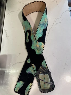 "Cinturón artesanal Karinne de colección con gamuza de cuero ágata 36,75"" X 2,5"" negro turquesa" Foto 1 de 4