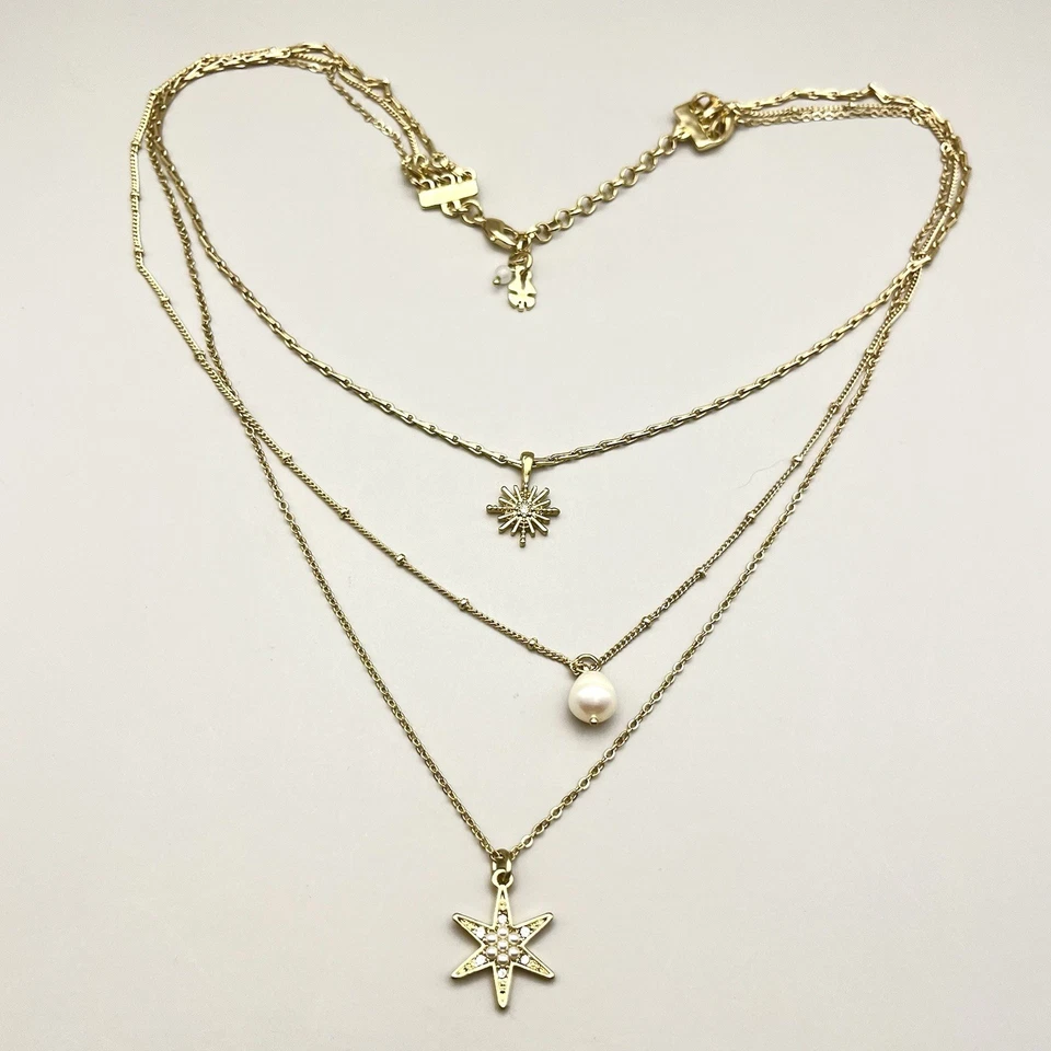 Collar Capas Extraíbles LUCKY BRAND Tono Dorado Estrella Sol Perla Dijes Delicados 20" Foto 1 de 4