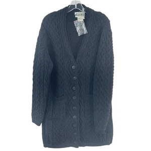 Cárdigan suéter con botones tejido con cable de lana merino negro Aran Crafts para mujer L nuevo con etiquetas - Imagen 1 de 4