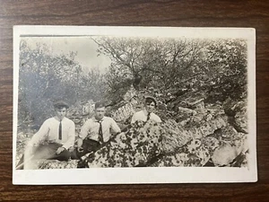 3 Men Sitting Behind Stones on Mountain Real Photo Postcard ~ RPPC, Unposted - Picture 1 of 2