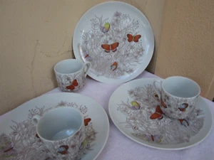 3 Vintage Fitz & Floyd Butterfly Garden Porcelain Snack Plates & 3 Cups 1975 - Picture 1 of 17