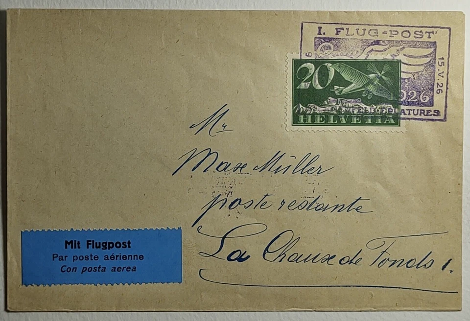 1926 First Flight Switzerland Airmail Cover La Chaux-de-Fonds - Bale Switzerland - Image 1 of 3