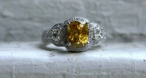 Stunning Estate Cushion Cut Citrine With White CZ 4.85TCW Wonderful Women's Ring - Picture 1 of 6