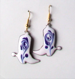 Enamel on Copper DANGLE EARRINGS -BOOT SHAPE- NAVY/WHITE COLORS - INGA ENAMELS - Picture 1 of 2