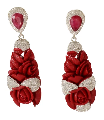 Pendientes colgantes Roxelana de plata de ley con flor de peonía roja y rubí Foto 1 de 4