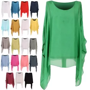 Women Italian Plain Lagenlook Batwing Silk Kimono Ladies Tunic Top Plus Sizes - Picture 1 of 24