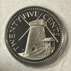 1974 Barbados Proof Coin 25 cents Morgan Lewis Sugar Cane Windmill - Picture 1 of 2